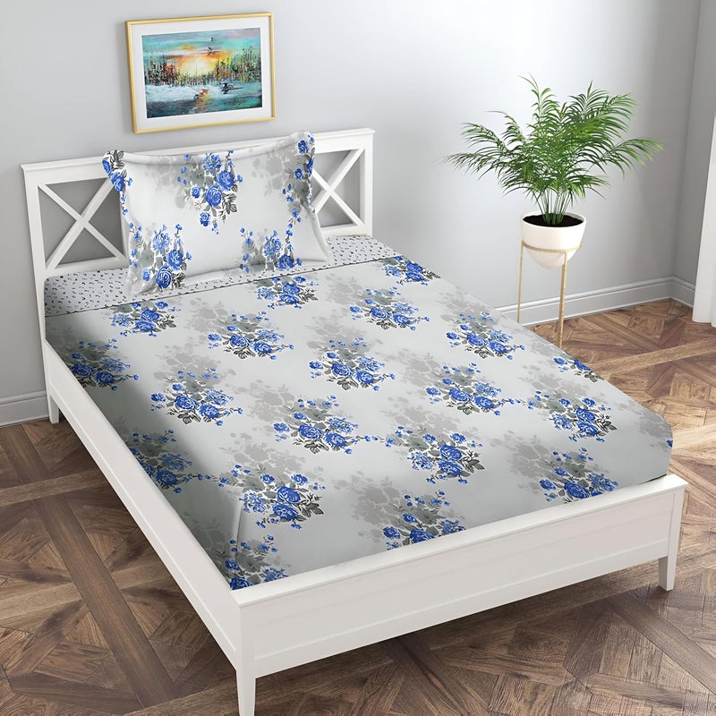 STARNSTYLE Polycotton 220 TC Soft Breathable Wrinklefree Floral Printed Single Bedsheet with Pillow Cover - White Blue - Image 1